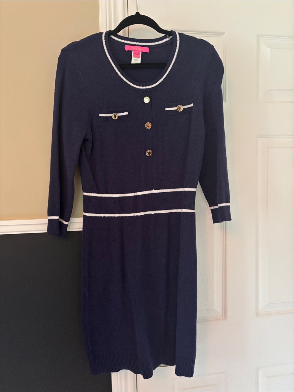 Lilly Pulitzer Navy Knit Button-Front sweater Dress with White Trim
